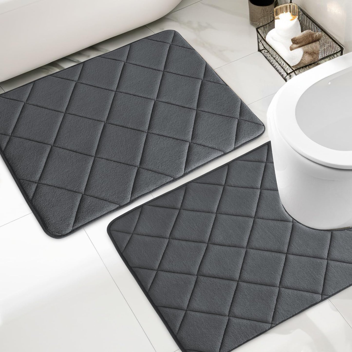 YIHOUSE Memory Foam Bathroom Rugs Set Ultra Soft Bath Mats for Bathroom Floor Set of 2 Bathroom Rug with Toilet Rugs U Shaped for Bath Room Shower Dark Grey