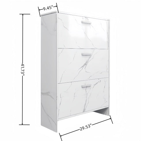 White Marble Color High Glossy 3 Doors Shoe Cabinet With Retro Handles