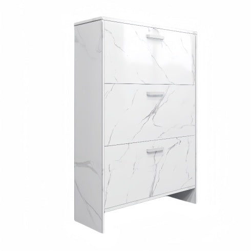 White Marble Color High Glossy 3 Doors Shoe Cabinet With Retro Handles