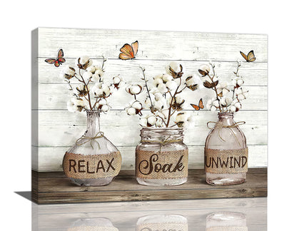 Farmhouse Bathroom Decor Wall Art Rustic Cotton Bathroom Pictures Canvas Print Country Bathroom Relax Soak Unwind Sign Artwork Modern Aesthetic Home Decor for Bathroom Framed Ready to Hang 8"x12"