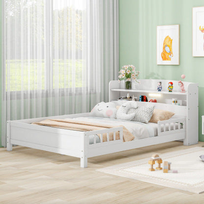 Wood Full Size Platform Bed With Built-in LED Light, Storage Headboard And Guardrail, White