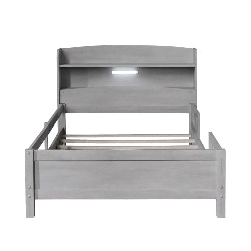 Wood Twin Size Platform Bed With Built-in LED Light, Storage Headboard And Guardrail, Antique Grey