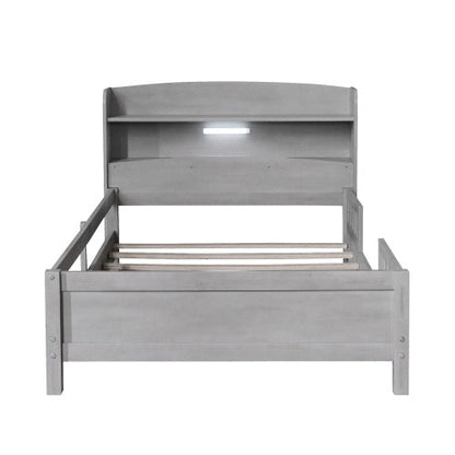 Wood Twin Size Platform Bed With Built-in LED Light, Storage Headboard And Guardrail, Antique Grey