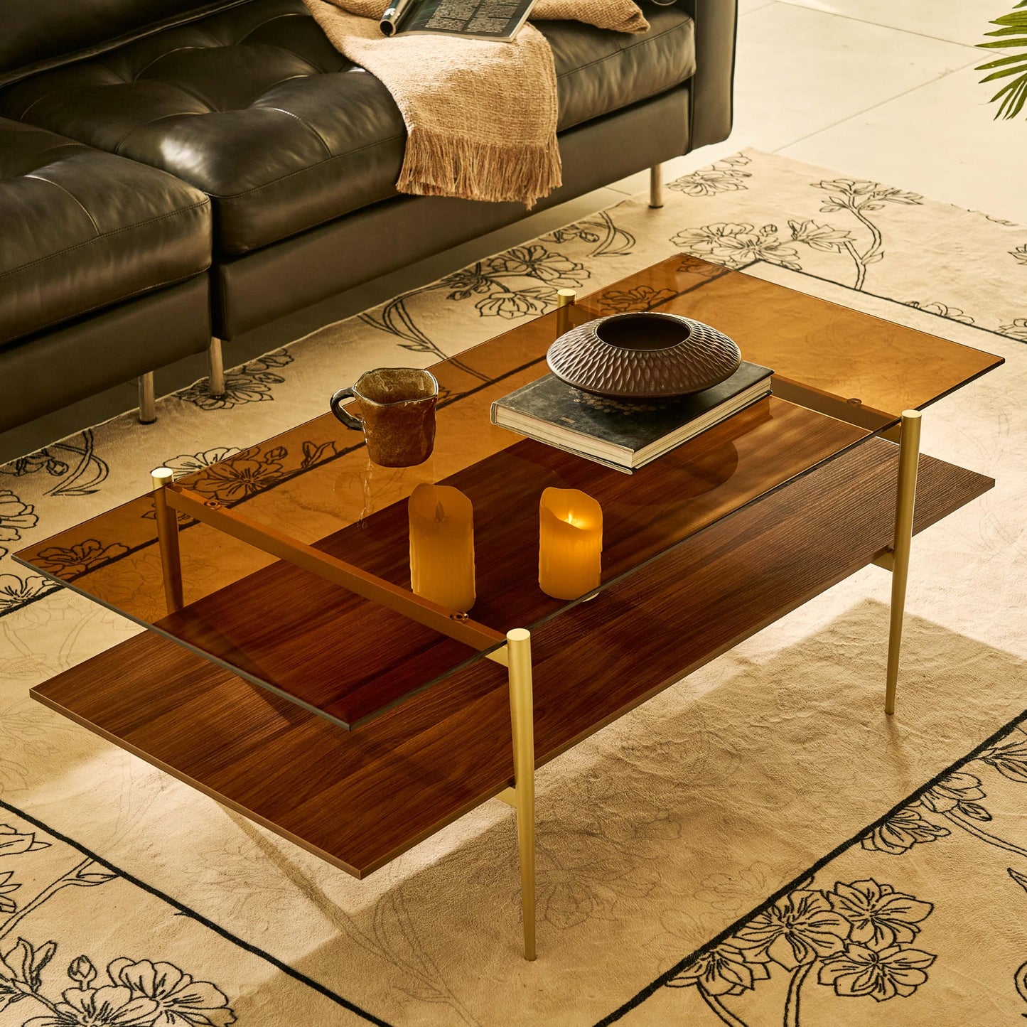 AGV LIGHTING Glass Coffee Table Double Layer Glass Coffee Table for Living Space Gold Finish Frmae L47 x W22 x H17 Coffee Brown Glass & Walnut Wood Top