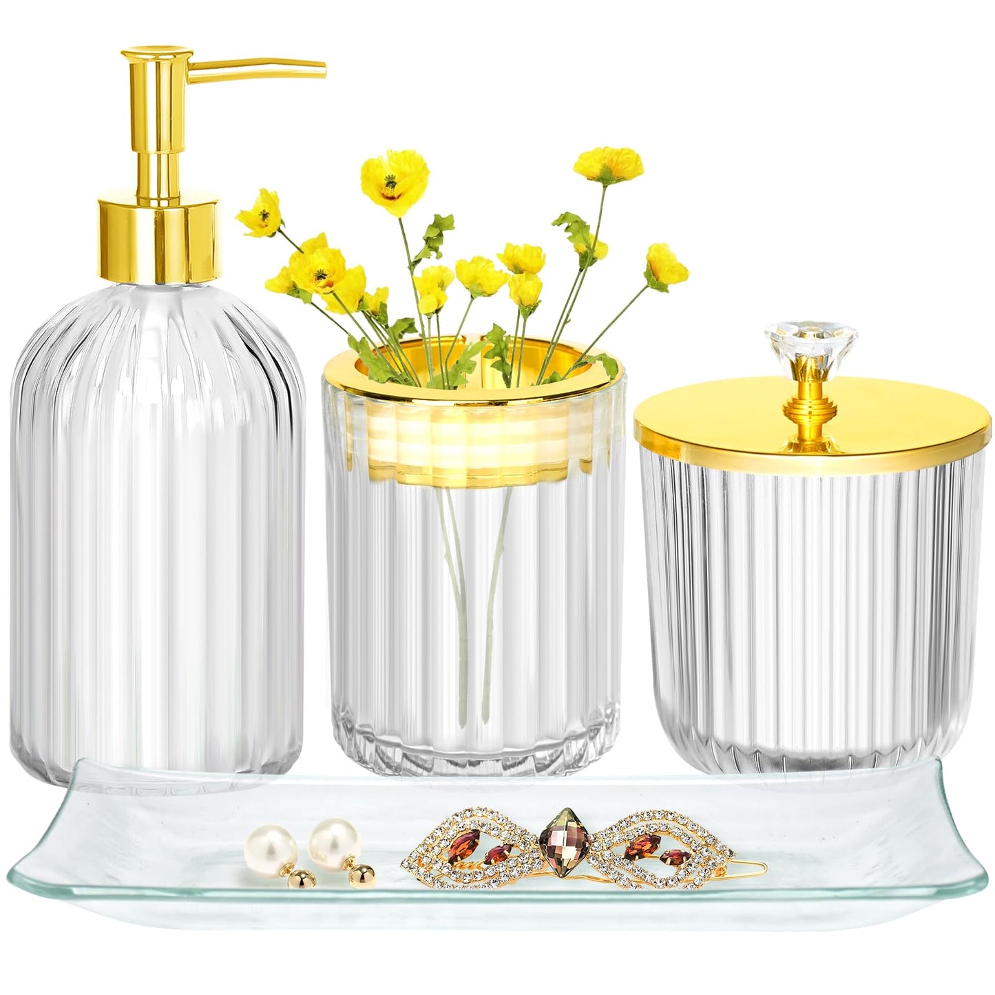 Bathroom Accessories Set 4Pcs Clear and Gold Glass Bathroom Accessories Sets Complete w/Lotion Soap Dispenser Toothbrush Holder Apothecary Jar Vanity Tray Bathroom Decor