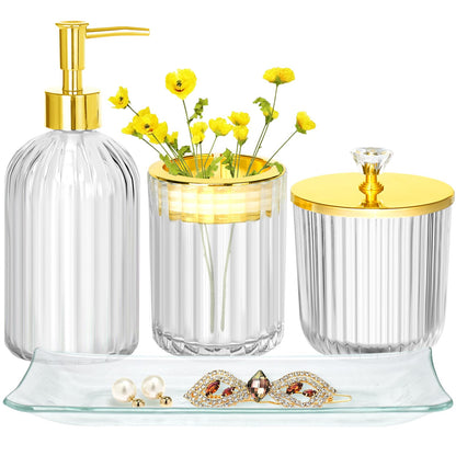 Bathroom Accessories Set 4Pcs Clear and Gold Glass Bathroom Accessories Sets Complete w/Lotion Soap Dispenser Toothbrush Holder Apothecary Jar Vanity Tray Bathroom Decor