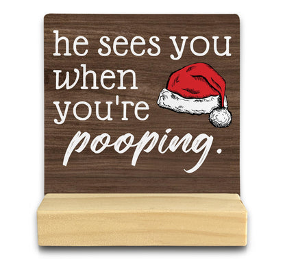 QASHWEY He Sees You When Youre Pooping Sign Funny Christmas DecorationsChristmas Bathroom Decorations Bathroom Christmas DecorationsChristmas Sign Table Decor for Guest Bathroom Toilet(Brown)