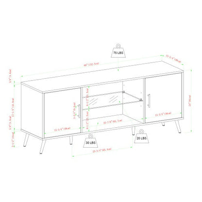 Mid-Century Modern 2-Door TV Stand For TVs With Glass Shelf - Dark Walnut