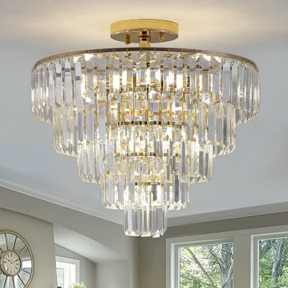 Golden Crystal Chandelier, 5-layer Round Semi-recessed Chandelier Lamp, Large Modern Luxury Chandelier, Suitable For Living Room, Dining Room, Bedroom, Corridor Unavailable Platforms- Temu