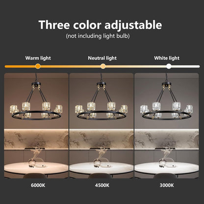 Black Wagon Wheel Chandelier, 8-Light Farmhouse Crystal Chandeleirs With Adjustable Height,Ceiling Hanging Light Fixture Pendant Lights For Living Room,Bedroom,Kitchen Island,Dining Room,Bedroom