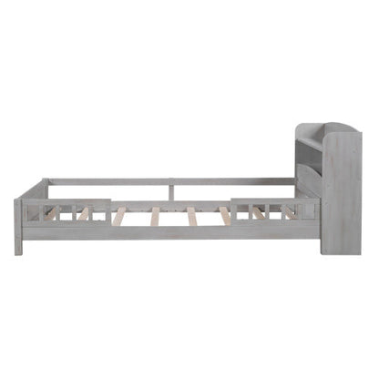 Wood Twin Size Platform Bed With Built-in LED Light, Storage Headboard And Guardrail, Antique Grey