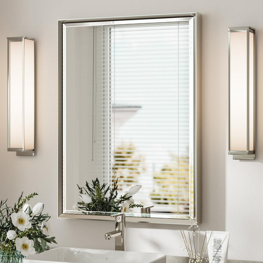 QueenFun Brushed Nickel Bathroom Mirror 22x30 Inch Beveled Framed Bathroom Mirror Anti-Rust Brushed Nickel Metal Frame Bathroom Vanity Mirror for Wall Vertical/Horizontal Wall-Mounted Mirrors