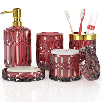5Pcs Bathroom Accessories Set Glass Soap Dispenser Set with Rust Proof Stainless Steel Pump Soap Holder Toothbrush Holder Tumbler Cotton Swab Jars Red Bathroom Set Bathroom Decor Sets Gift