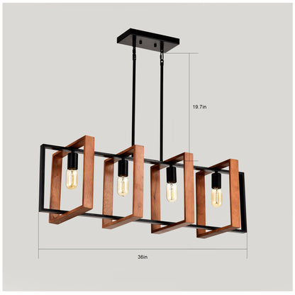 4-Light Kitchen Island Lights Pendant Light Farmhouse Dining Room Light Fixture, Rustic Wood And Black Metal Rectangular Chandelier, Hanging Lighting For Living Room,Conference Room, Home Office
