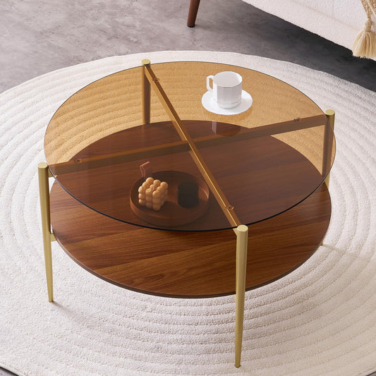 LumFurn Round Coffee Table Mid-Century Modern Design D30 x H17 for Living Room 2-Tier Structure Amber Glass Top and Walnut MDF Shelf Sleek Conical Metal Legs with Gold Finish