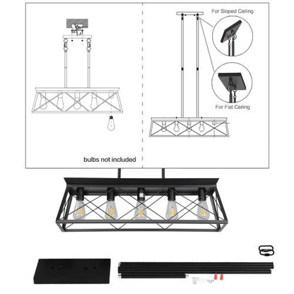 5 Lamps Farmhouse Chandelier For Dining Room, Metal Rustic Chandelier Island Lamp, Modern Rectangular Island Lamp For Kitchen, Living Room Pure Black - No Bulbs Unavailable Platforms- Temu