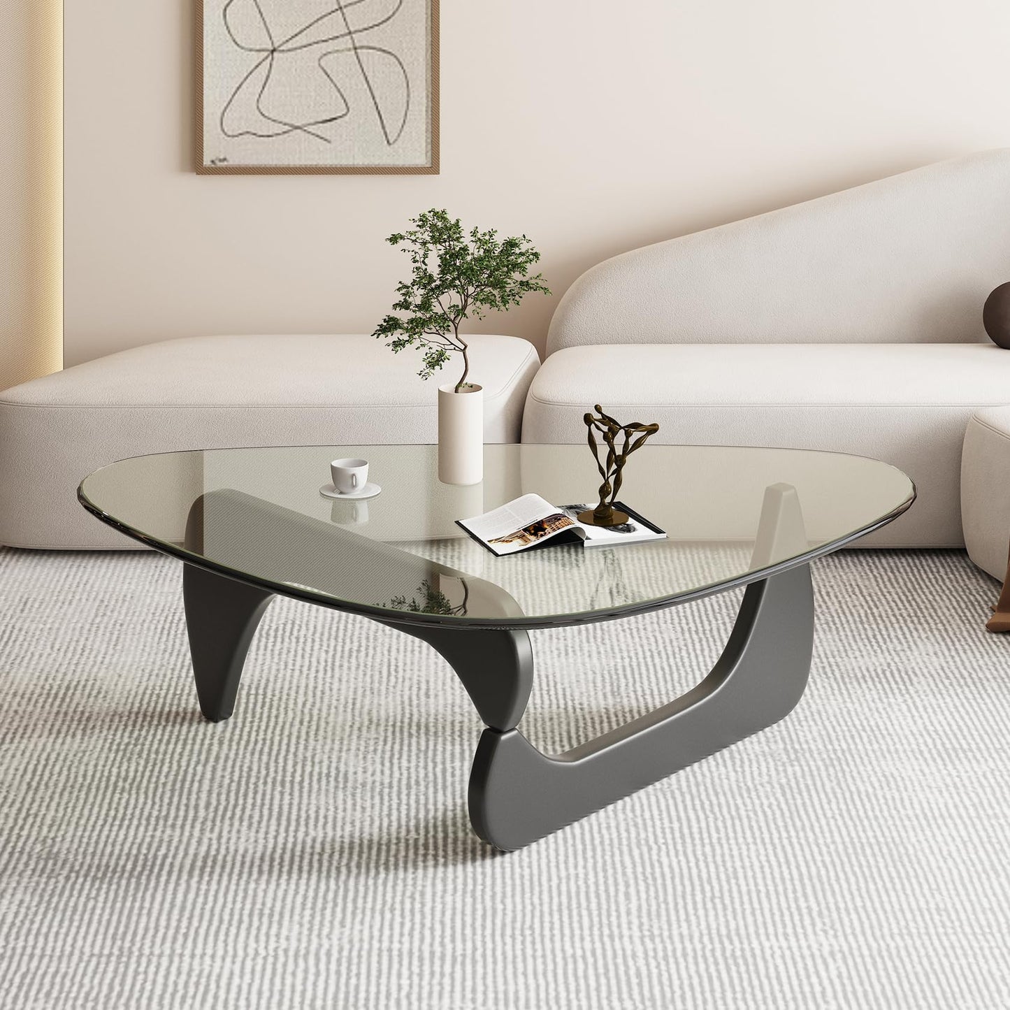 Triangle Coffee Table in Walnut Mid Century Modern Solid Wood Base and Triangle Clear Glass Coffee Table for Living Room Low Minimalist Tea Table Coffee Tables (36 * 25.6 * 16 Black Transparent)