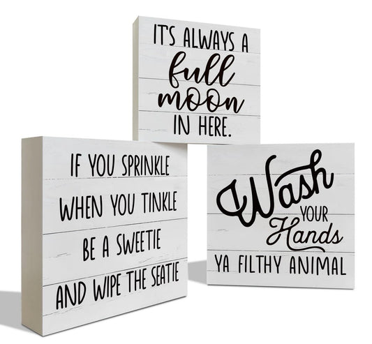 Farmhouse Wood Decor Home Bathroom Decor Tiered Tray Decor Small Wood Signs Restroom Decor Funny Bathroom Sign Rustic Tabletop Decor Decor for Home Farmhouse Bathroom 3Pcs Wood Decor Set