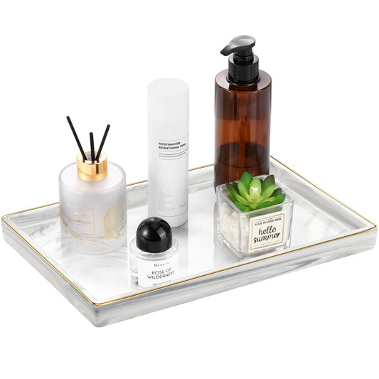 Luxspire Bathroom Vanity Tray 12inch Marble Ceramic Bathroom Trays for Counter Gold and White Tray for Dresser Kitchen Counter Tray Perfume Tray Bathroom Accessories Large Marble White