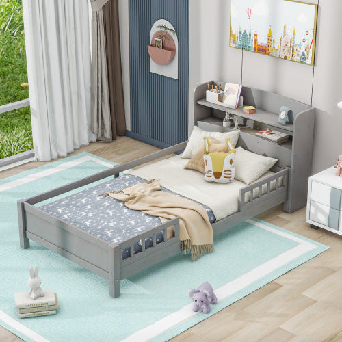 Wood Twin Size Platform Bed With Built-in LED Light, Storage Headboard And Guardrail, Antique Grey