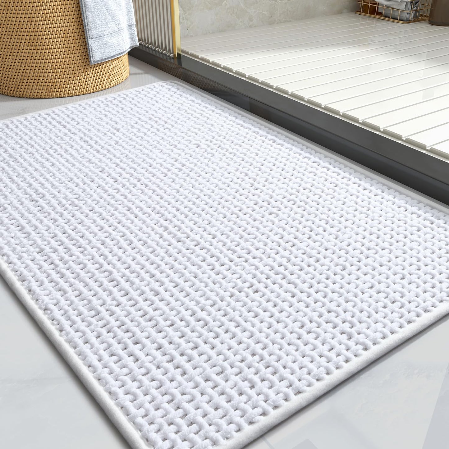 COCOER-Chenille Bath Mat-Rubber Backing Bathroom Rugs Non Slip-Super Absorbent Bath Mats for Bathroom Floor-Quick Dry Bathroom Mat Thin Bath Rugs Fit Under Door-White 17x24