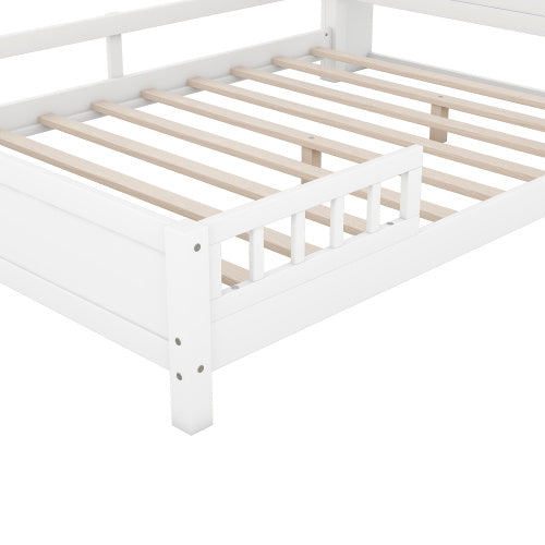 Wood Full Size Platform Bed With Built-in LED Light, Storage Headboard And Guardrail, White