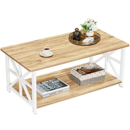 GreenForest Coffee Table with Round Corner Farmhouse Center Table with 2-Tier Storage Shelf X-Frame Design for Living Room 39 inch Oak