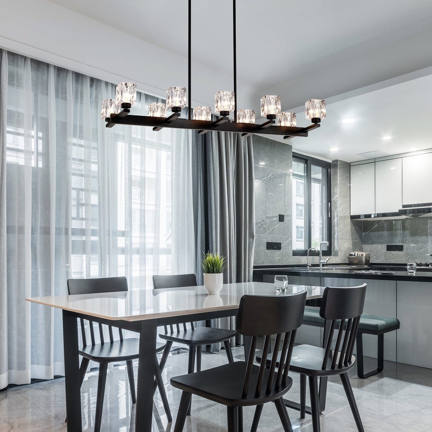 Matte Black Crystal Chandelier For Dining Room, 8-Light Kitchen Chandelier Light Fixture Modern Metal Industrial Chandeliers For Farmhouse Entryway Living Room