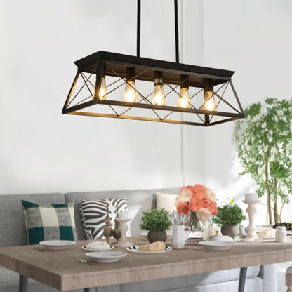 5 Lamps Farmhouse Chandelier For Dining Room, Metal Rustic Chandelier Island Lamp, Modern Rectangular Island Lamp For Kitchen, Living Room Pure Black - No Bulbs Unavailable Platforms- Temu