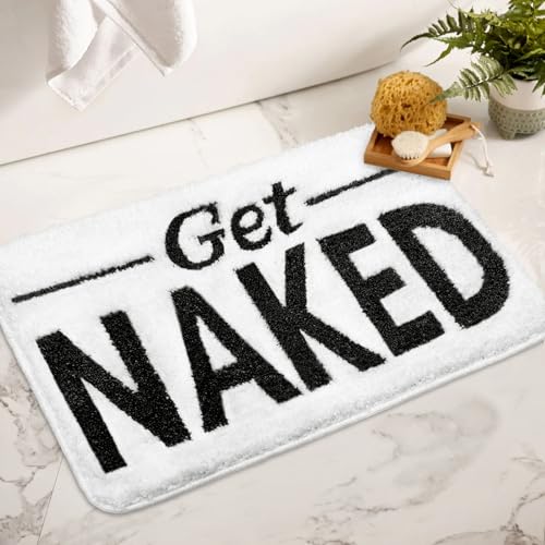 Homantic Get Naked Bathroom Rugs - Funny Bath Mats for Bathroom Non Slip Cute Carpet for Bathroom Floor Decor Water Absorbent Bath Rugs for Sink Bathtub and Shower White 24" x 36"