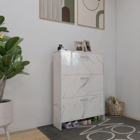 White Marble Color High Glossy 3 Doors Shoe Cabinet With Retro Handles