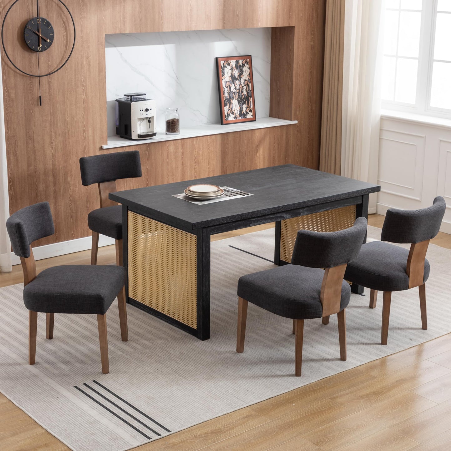 RIVOVA Linen Dining Chairs Set of 4 Modern Dining Chair with Curved Backrest and Wood Legs Upholstered Dining Chairs Farmhouse Dining Room Chairs Kitchen Chairs Charcoal