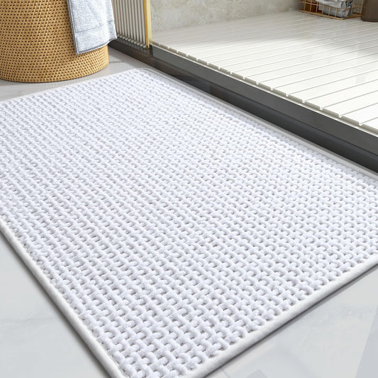 COCOER-Chenille Bath Mat-Rubber Backing Bathroom Rugs Non Slip-Super Absorbent Bath Mats for Bathroom Floor-Quick Dry Bathroom Mat Thin Bath Rugs Fit Under Door-White 17x24
