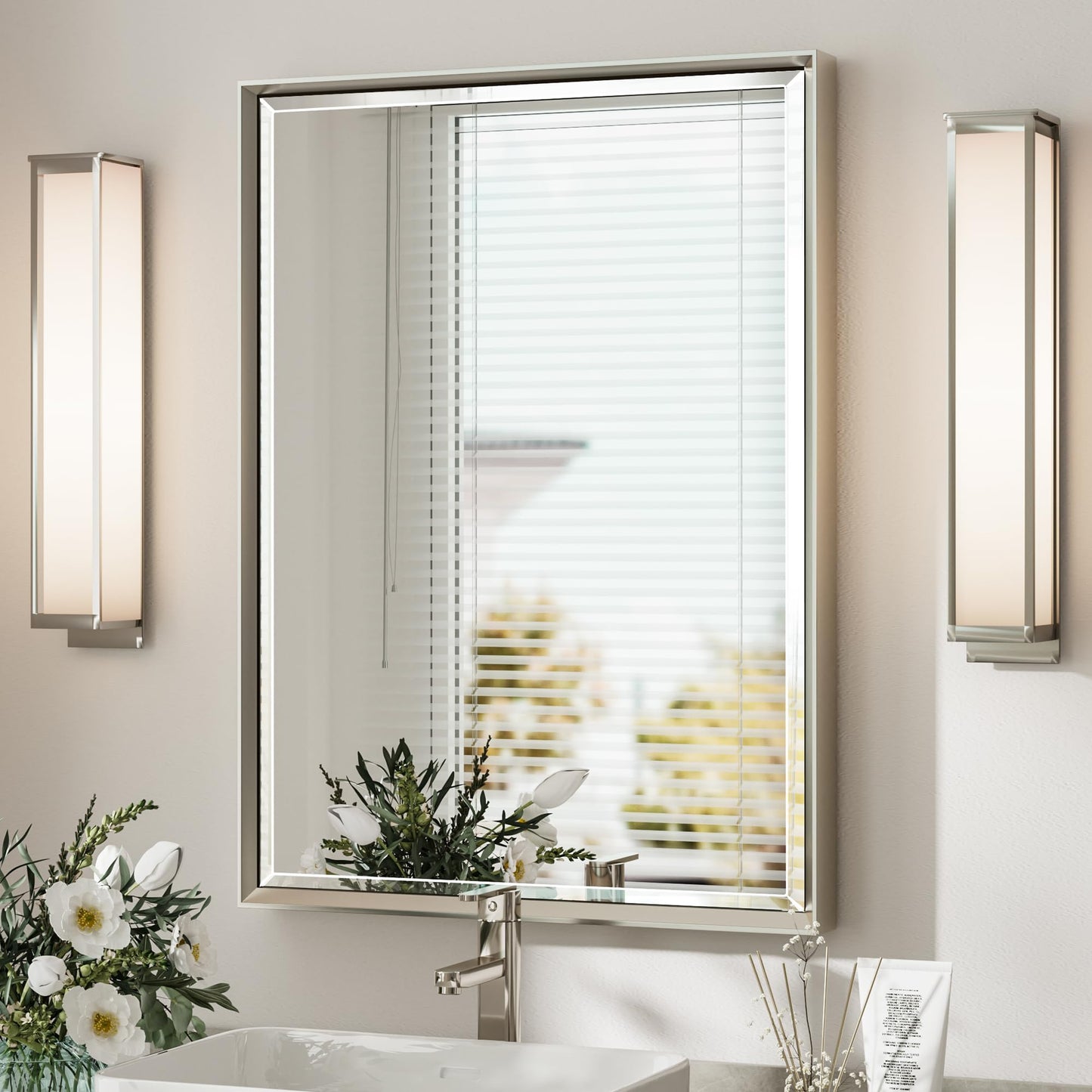 QueenFun Brushed Nickel Bathroom Mirror 22x30 Inch Beveled Framed Bathroom Mirror Anti-Rust Brushed Nickel Metal Frame Bathroom Vanity Mirror for Wall Vertical/Horizontal Wall-Mounted Mirrors