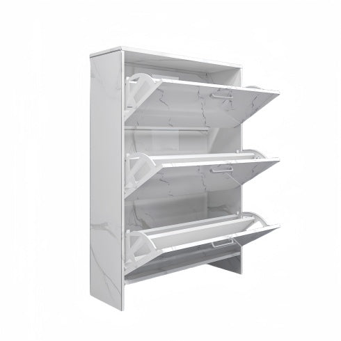 White Marble Color High Glossy 3 Doors Shoe Cabinet With Retro Handles