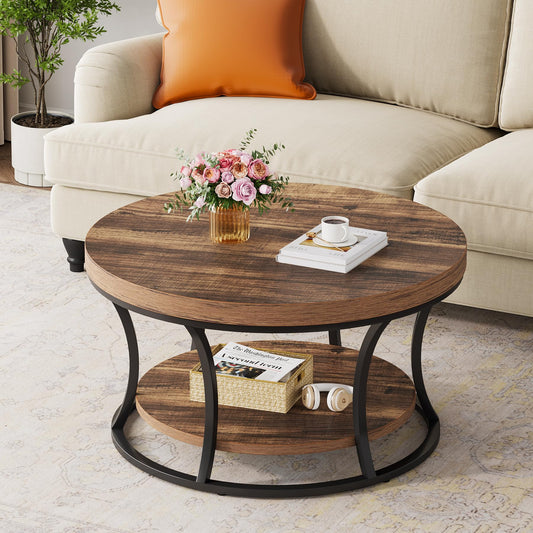 Condemo Round Coffee Table for Living Room 2-Tier Circle Coffee Table with Storage Accent Center Table Modern Design Rustic Brown and Black