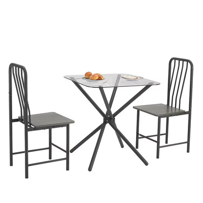 Dining Set For 2, Square Glass Tempered Dining Table With 4 Legs And 2 Metal Chair For Home Office Kitchen Dining Room, Black & Brown