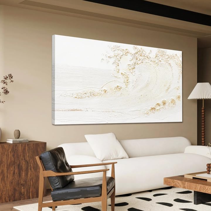 White Wall Art Decor Canvas Art Wall Decor Silent Waves With Golden Embellishments Wall Painting Decorations Artwork Wall Art Prints For Room Living Room Bedroom Office Wall Decor 24x48 Inch