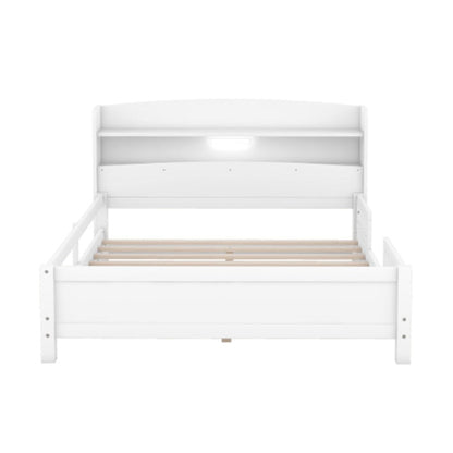 Wood Full Size Platform Bed With Built-in LED Light, Storage Headboard And Guardrail, White