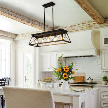 5 Lamps Farmhouse Chandelier For Dining Room, Metal Rustic Chandelier Island Lamp, Modern Rectangular Island Lamp For Kitchen, Living Room Pure Black - No Bulbs Unavailable Platforms- Temu