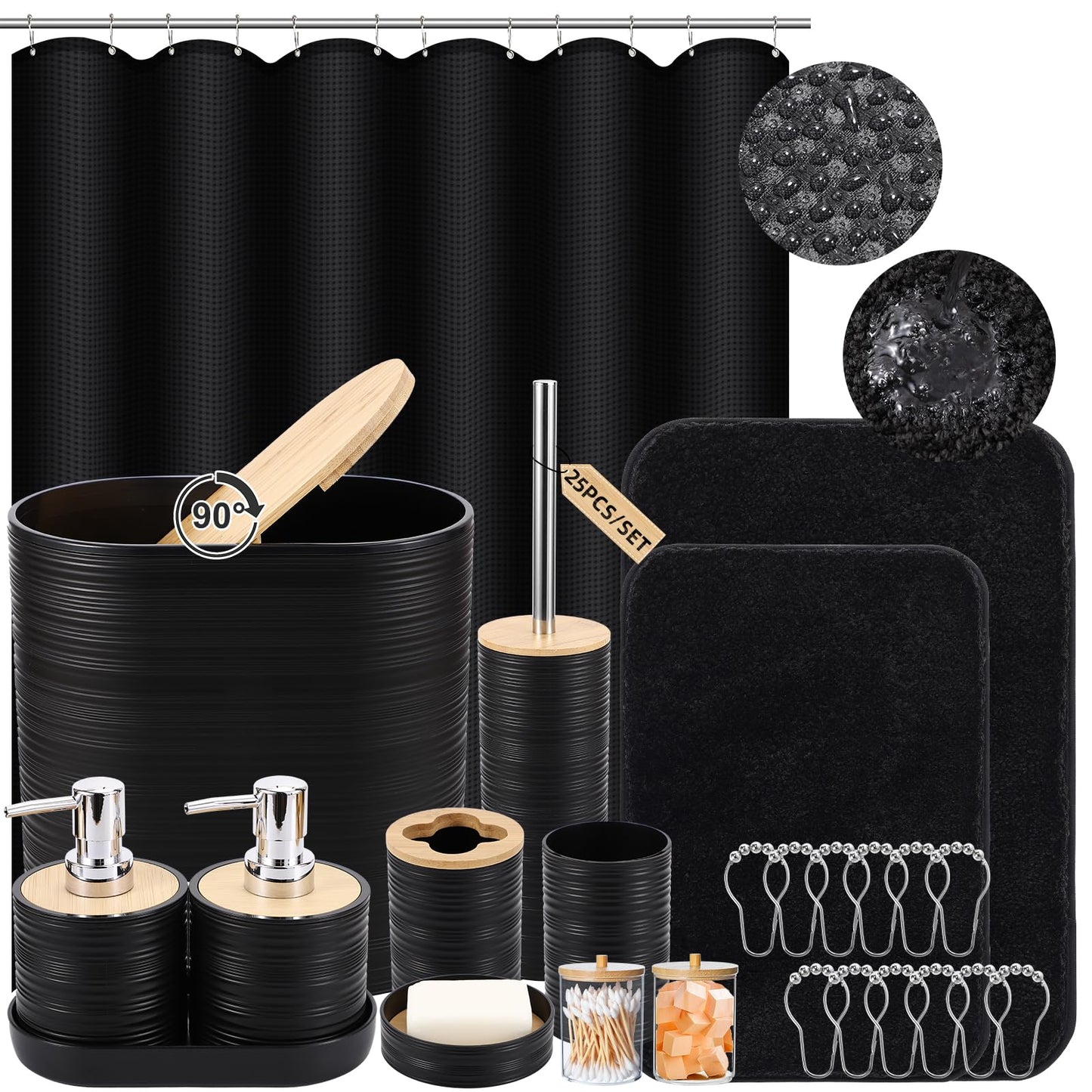XLHOMO Bathroom Set - Black Bathroom Accessories Set Bathroom Sets with Shower Curtain and Rugs 25PC Shower Curtain Set with Hooks Soap Dispenser Soap Dish Toilet Brush Holder and Trash Can