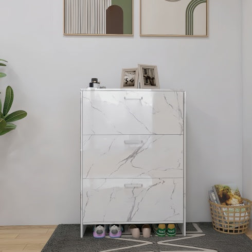 White Marble Color High Glossy 3 Doors Shoe Cabinet With Retro Handles