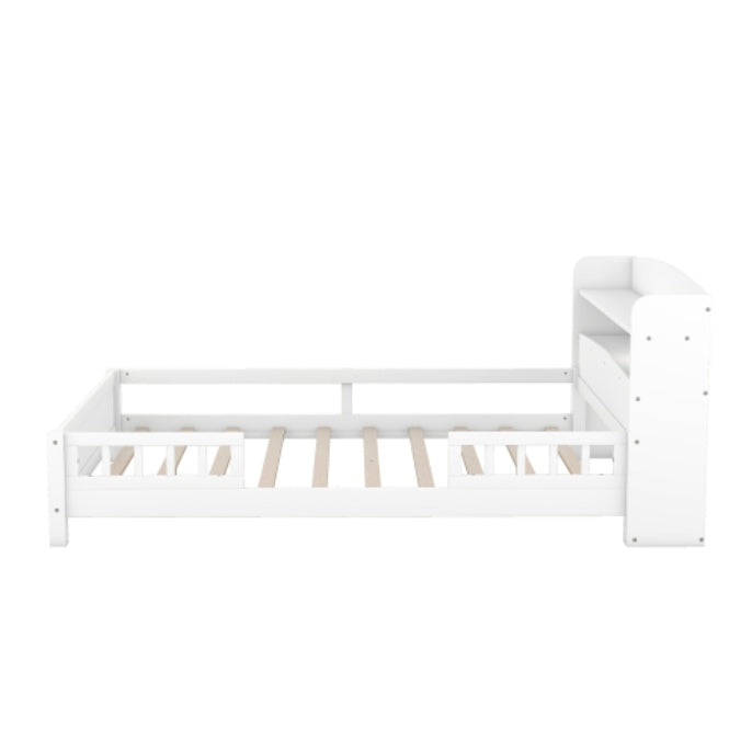 Wood Full Size Platform Bed With Built-in LED Light, Storage Headboard And Guardrail, White
