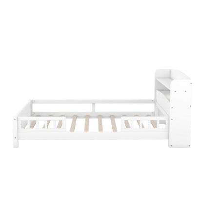 Wood Full Size Platform Bed With Built-in LED Light, Storage Headboard And Guardrail, White