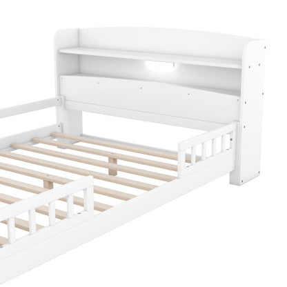 Wood Full Size Platform Bed With Built-in LED Light, Storage Headboard And Guardrail, White
