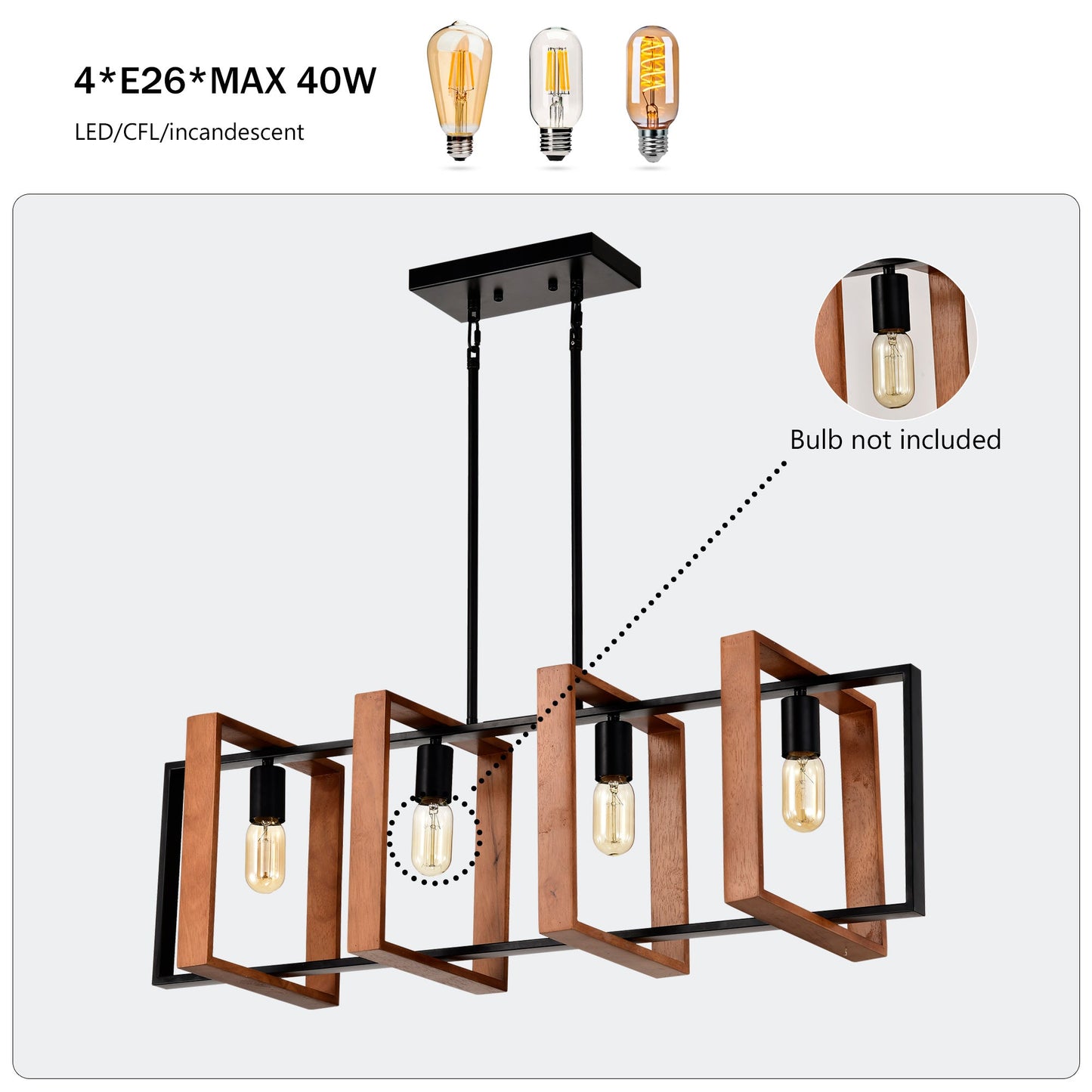 4-Light Kitchen Island Lights Pendant Light Farmhouse Dining Room Light Fixture, Rustic Wood And Black Metal Rectangular Chandelier, Hanging Lighting For Living Room,Conference Room, Home Office