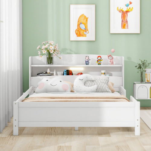 Wood Full Size Platform Bed With Built-in LED Light, Storage Headboard And Guardrail, White